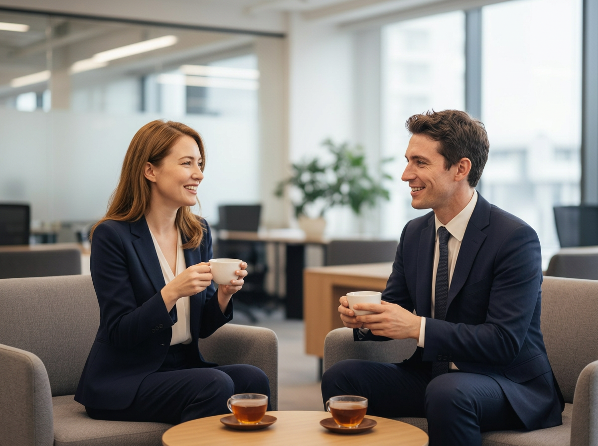 Two colleagues having a relaxed discussion over tea in a bright modern office