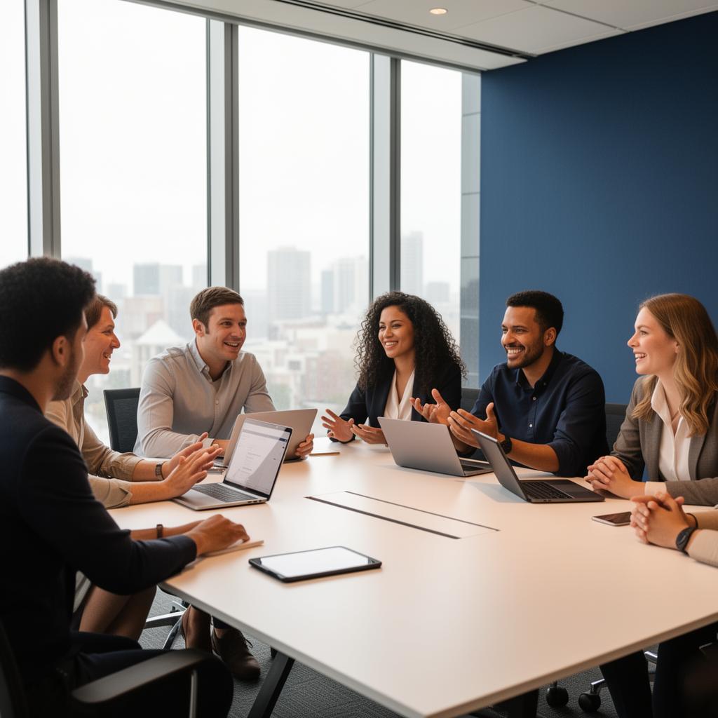 A small team of professionals having a friendly discussion in a bright modern office